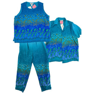 Vintage 90s 3 Piece Set Tank Sheer Shirt Pants Turquoise Blue Green Size 2X NEW